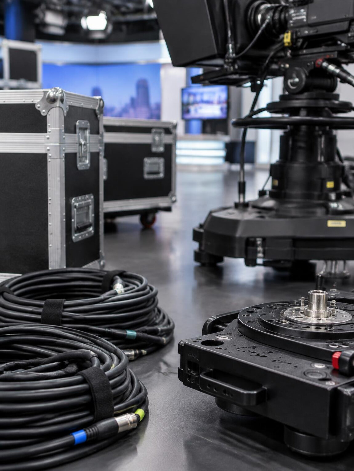 Technicians cabling broadcast equipment in a studio