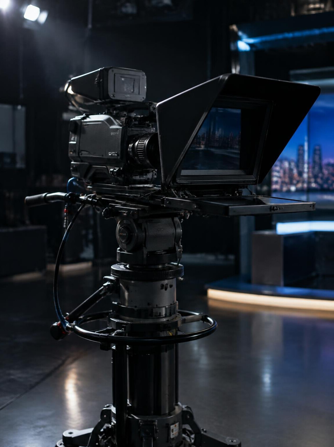 Broadcast studio camera on a pedestal with prompter