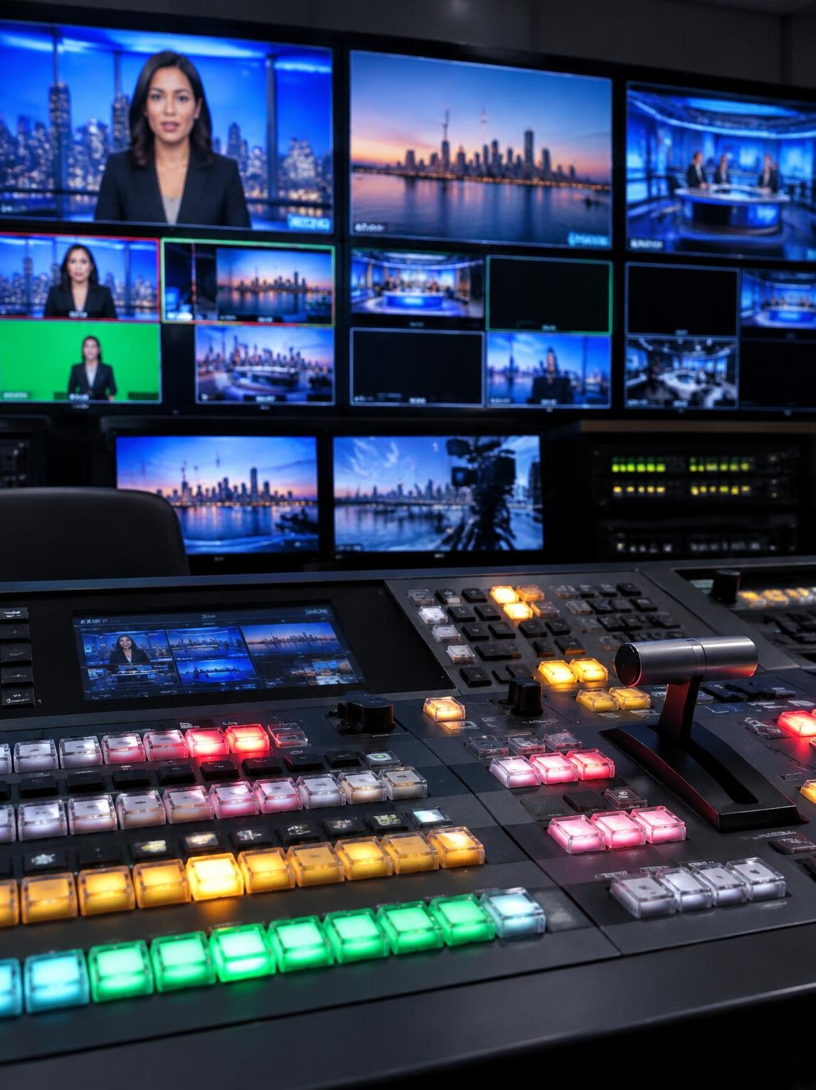Vision mixer panel in a television production gallery with monitor wall