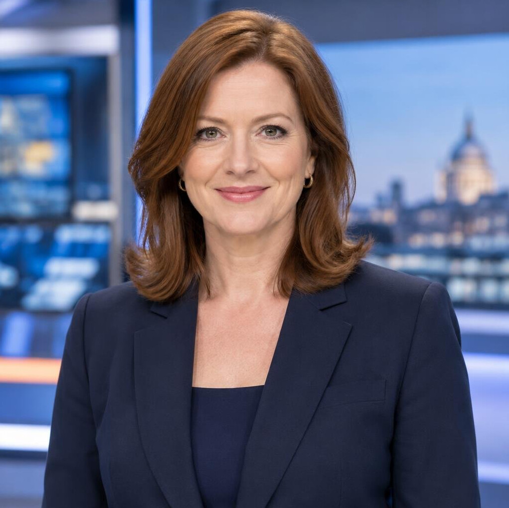 Portrait of a woman in her forties with shoulder-length auburn hair in a studio