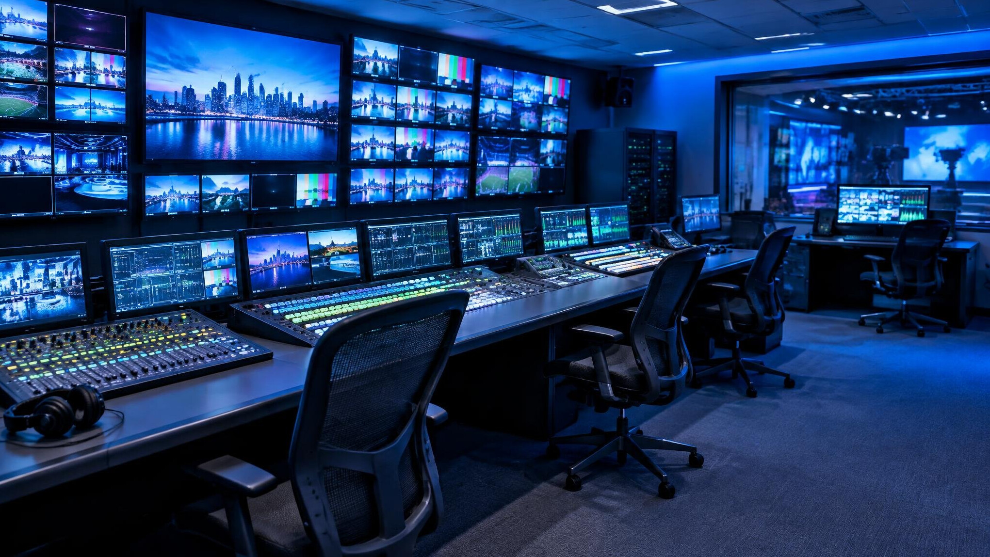 Dark television control room with banks of monitors and glowing consoles