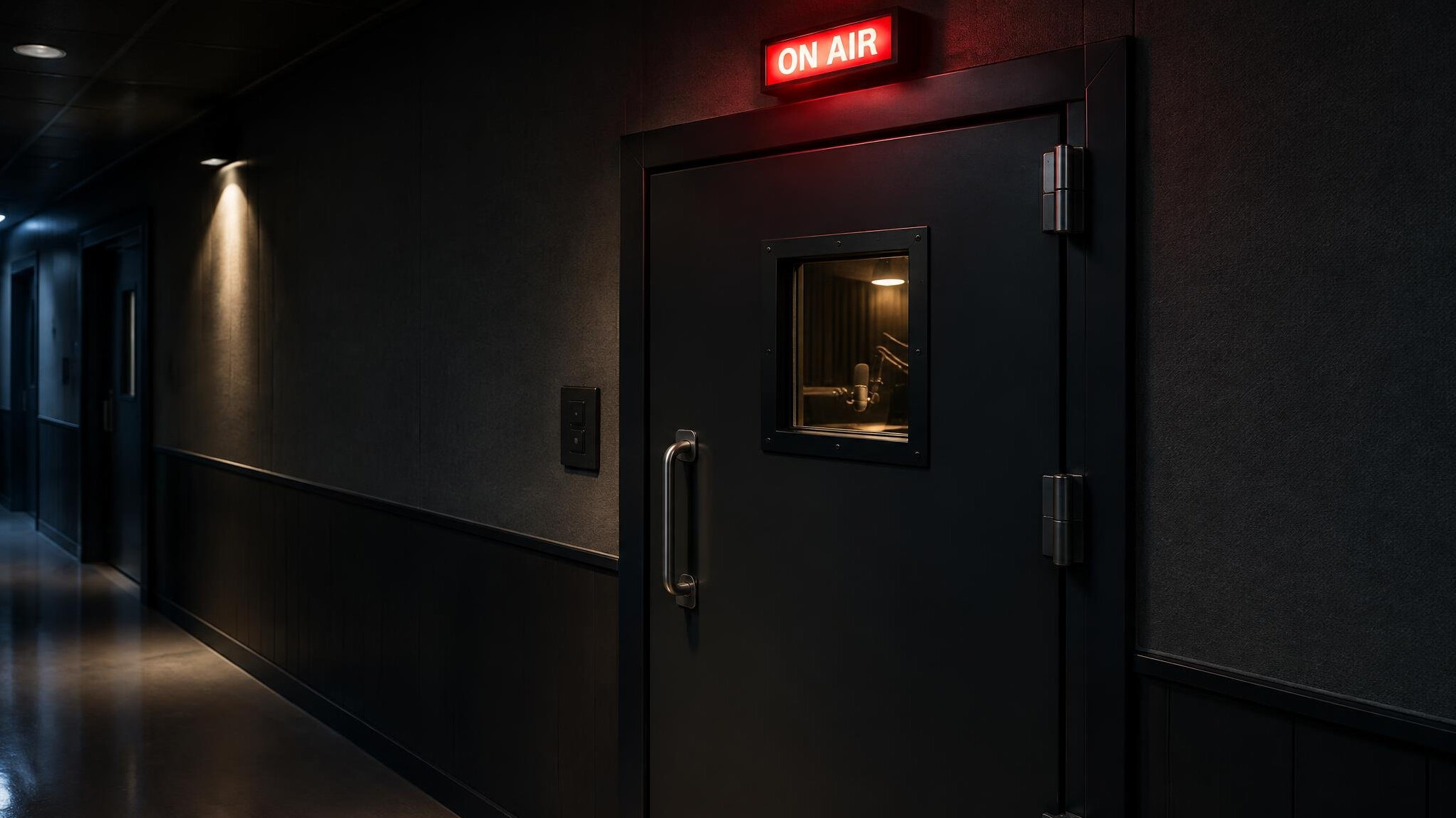 Studio entrance door with red on-air light illuminated above it